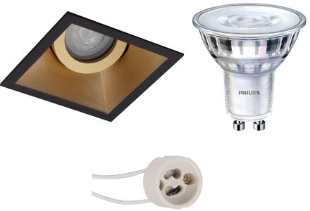 Led Spot Set - Pragmi Zano Pro - Gu10 Fitting - Inbouw Vierkant - Mat Zwart/goud - Kantelbaar - 93mm - Philips