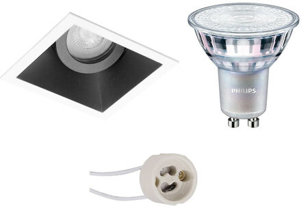 LED Spot Set - Pragmi Zano Pro - GU10 Fitting - Inbouw Vierkant - Mat Zwart/Wit - Kantelbaar - 93mm - Philips - MASTER