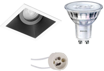 Led Spot Set - Pragmi Zano Pro - Gu10 Fitting - Inbouw Vierkant - Mat Zwart/wit - Kantelbaar - 93mm - Philips