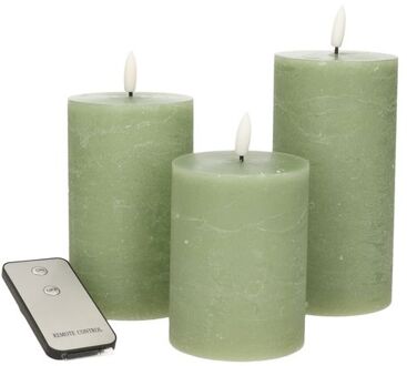 LED Stompkaarsen met afstandsbediening - 3x - jade groen - 10/12.5/15 cm - LED kaarsen