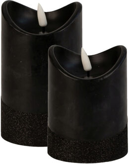 LED stompkaarsen - set 2x st - zwart - warm wit licht - wax - H10 en H12,5 cm