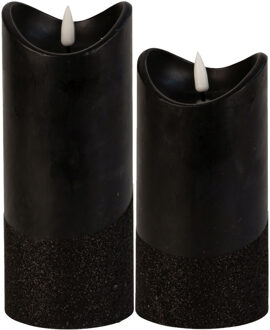 LED stompkaarsen - set 2x st - zwart - warm wit licht - wax - H15 en H17,5 cm