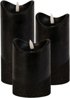 LED stompkaarsen - set 3x st - zwart - warm wit licht - wax - H12,5, H15 en H17,5 cm