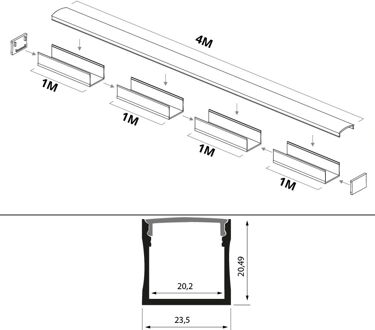 Led strip profiel 4M opbouw - 20 mm hoog
