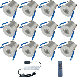 LED Veranda Spot Complete Set - Velvalux - 12 Stuks - 3W - Warm Wit 3000K - Dimbaar - Waterdicht IP65 - Inbouw - Rond - Zilverkleurig