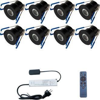 LED Veranda Spot Complete Set - Velvalux - 8 Stuks - 3W - Warm Wit 3000K - Dimbaar - Waterdicht IP65 - Inbouw - Rond - Zwart