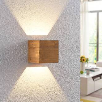 LED wandlamp Benicio, 11 cm, hoekig, hout licht hout, nikkel antiek
