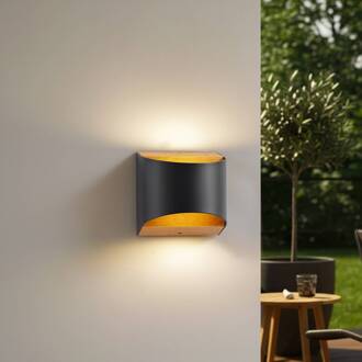 LED wandlamp Lenore, zwart, metaal, 13 cm, IP44 zwart, licht hout