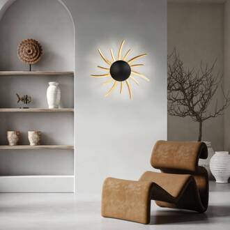 LED wandlamp Sol, zwart met gouden stralen zwart mat, bladgoud