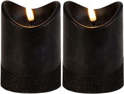 Led wax stompkaarsen - 2x - zwart - H10 x D7,5 cm - warm wit licht - 3D lont