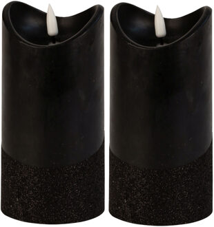 Led wax stompkaarsen - 2x - zwart - H15 x D7,5 cm - warm wit licht - LED kaarsen