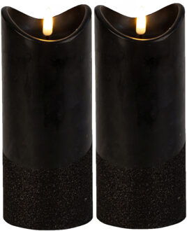 Led wax stompkaarsen - 2x - zwart - H17,5 x D7,5 cm - warm wit licht - 3D lont