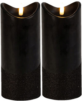 Led wax stompkaarsen- 2x - zwart - H17,5 x D7,5 cm - warm wit licht - LED kaarsen