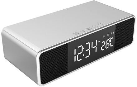 Led Wekker Met Telefoon Draadloze Oplader Desktop Digitale Thermometer Klok Hd Spiegel Klok Met Fm Radio Bluetooth Luidspreker sliver