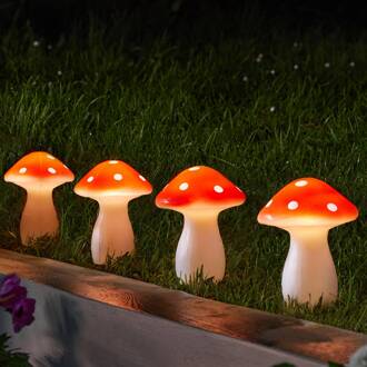 LED-zonnepaneel Fairy Mushroom, set van 4, rood/wit, IP44 wit, rood