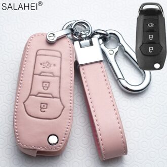 Lederen Auto Key Case Cover Voor Ford Fiesta Focus 23 MK2 MK3 Mondeo MK4 Ecosport Kuga Escape Explorer Ranger Styling accessoires D-roze