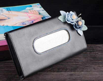 Lederen Auto Papieren Handdoeken Houder Met Bloem Voor Vrouwen Meisjes Auto Styling Accessoires Zwart Zonneklep Type Auto Weefsel Zak doos blauw bloem