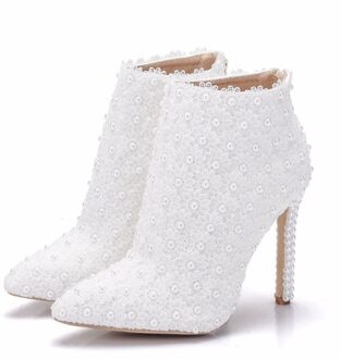 Lederen Laarzen Vrouwen Hoge Hak Enkellaarsjes Puntschoen Parel Kant Trouwschoenen Lente Herfst Parel Hak Witte Korte Laarzen 36