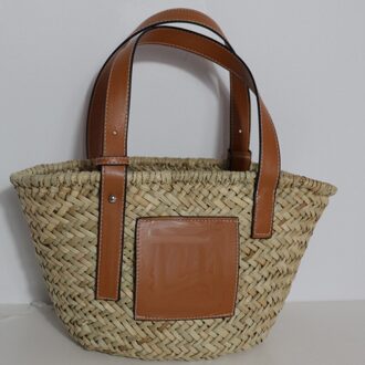 Lederen Stro Vrouwelijke Handtassen Grote Rieten Geweven Lady Hand Tassen Zomer Stro Tote Strand Tassen Voor Vrouwen Handtas Emmer bruin / klein 35x13x19cm