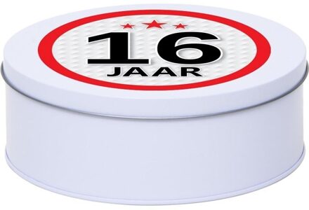 Leeftijd Snoeptrommel - koektrommel Cadeau - wit - rond blik - met 16 jaar sticker