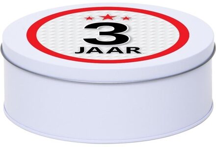 Leeftijd Snoeptrommel - koektrommel Cadeau - wit - rond blik - met 3 jaar sticker