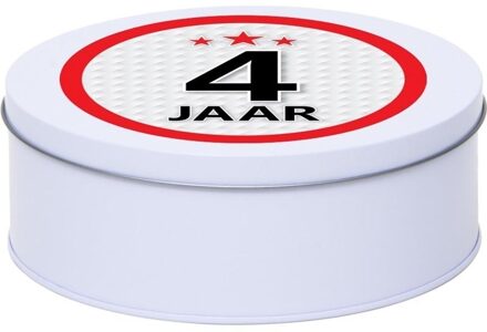 Leeftijd Snoeptrommel - koektrommel Cadeau - wit - rond blik - met 4 jaar sticker