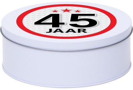 Leeftijd Snoeptrommel - koektrommel Cadeau - wit - rond blik - met 45 jaar sticker