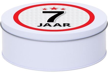 Leeftijd Snoeptrommel - koektrommel Cadeau - wit - rond blik - met 7 jaar sticker