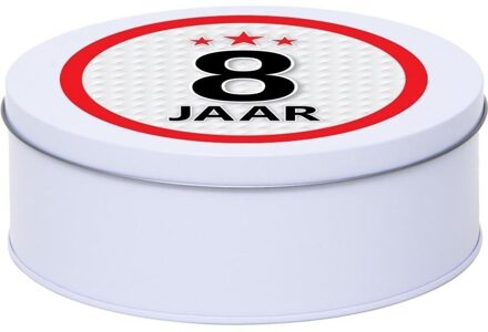 Leeftijd Snoeptrommel - koektrommel Cadeau - wit - rond blik - met 8 jaar sticker