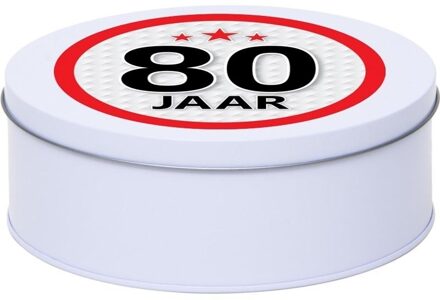 Leeftijd Snoeptrommel - koektrommel Cadeau - wit - rond blik - met 80 jaar sticker