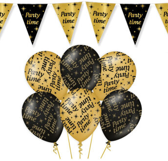 Leeftijd verjaardag feestartikelen pakket - Party Time - vlaggetjes / ballonnen - zwart/goud