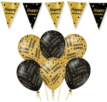 Leeftijd verjaardag feestartikelen pakket vlaggetjes/ballonnen Happy Birthday thema zwart/goud