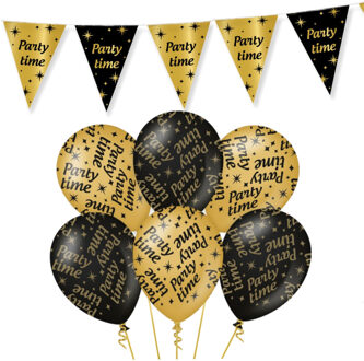 Leeftijd verjaardag feestartikelen pakket vlaggetjes/ballonnen Party Time thema zwart/goud