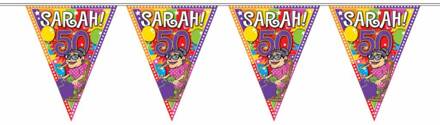 Leeftijd versiering vlaggenlijn / vlaggetjes / slinger Sarah 50 jaar geworden thema 10 meter Multikleur