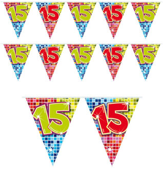 Leeftijd vlaggenlijn / slinger - 2x - 15 jaar - verjaardag feest versiering - mini vlaggetjes