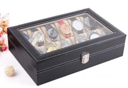 Leer 10 Slot Horloge Doos Glas Top Horloge Sieraden Display Case Organizer