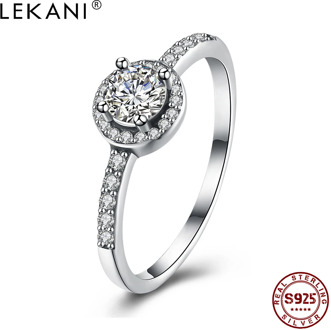 LEKANI 925 Sterling Silver Ring Brilliant Clear Round Cubic Zirconia Rings For Women Girls Birthday Party Romantic Fine Jewelry