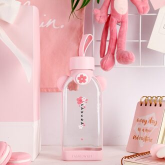 Lekvrij Platte Glas Flamingo Water Fles Cherry Blossom Patroon Transparante Creatieve Leuke Meisje Student Portable Melk Cup Rood