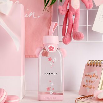Lekvrij Platte Glas Flamingo Water Fles Cherry Blossom Patroon Transparante Creatieve Leuke Meisje Student Portable Melk Cup Roze