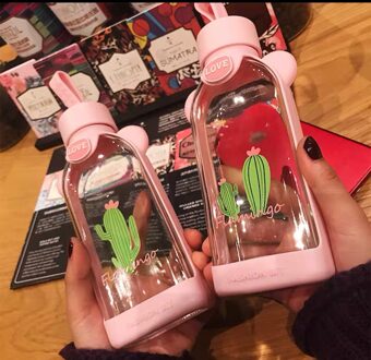 Lekvrij Platte Glas Flamingo Water Fles Cherry Blossom Patroon Transparante Creatieve Leuke Meisje Student Portable Melk Cup willekeurig 1