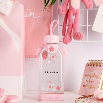 Lekvrij Platte Glas Flamingo Water Fles Cherry Blossom Patroon Transparante Creatieve Leuke Meisje Student Portable Melk Cup wit