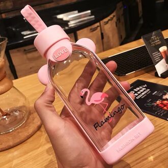 Lekvrij Platte Glas Flamingo Water Fles Cherry Blossom Patroon Transparante Creatieve Leuke Meisje Student Portable Melk Cup zwart