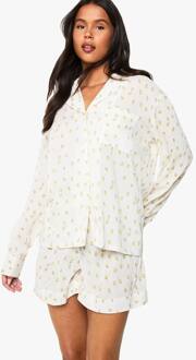 Lemon Print Kaasdoek Langmouw Shirt En Korte Pyjama Set, Lemon - 34