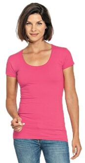 Lemon & Soda Bodyfit dames t-shirt fuchsia roze met ronde hals - Dameskleding basic shirts L (40)