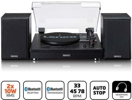 Lenco Riemaandrijving houten platenspeler met Bluetooth-ontvangst en 2 externe luidsprekers - LS-101BK