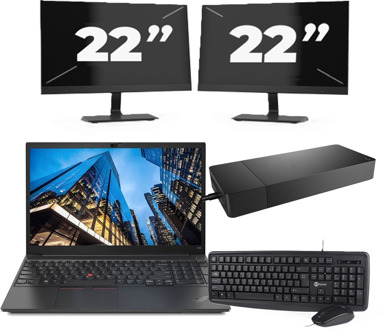 Lenovo E15 - Intel Core i3-10e Generatie - 15 inch - 8GB RAM - 256GB SSD - Windows 11 Home + 2x 22 inch Monitor Zwart - small