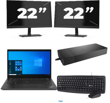 Lenovo ThinkPad T14s - Intel Core i7-10e Generatie - 14 inch - 32GB RAM - 256GB SSD - Windows 11 Home + 2x 22 inch Monitor