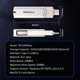 Lenovo thinkplus TPCU301Plus U Disk 128GB USB3.0+Type-C Port Recognition USB Flash Drive Thumb Drive Support Tablet Mobile Phone Computer Laptop MacOS System