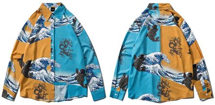 Lenstid Heren Hip Hop Hawaiian Strand Shirt Koi Vis Wave Print Harajuku Streetwear Casual Lange Mouwen Losse Shirts Blouse Xl