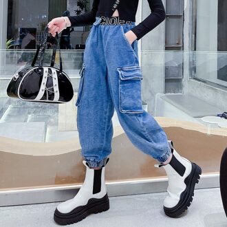 Lente Cowboy Kinderen Jurk 5 6 7 8 9 10 Jaar Meisjes Broek Zakken Jeans Letters Geborduurd Denim Cargo broek Student Meisjes 13-14 Years Size 150